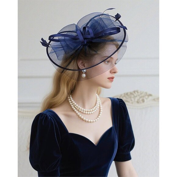Women Bow Derby Hat Polyester Navy Blue Elegant Fashion Event Accessory